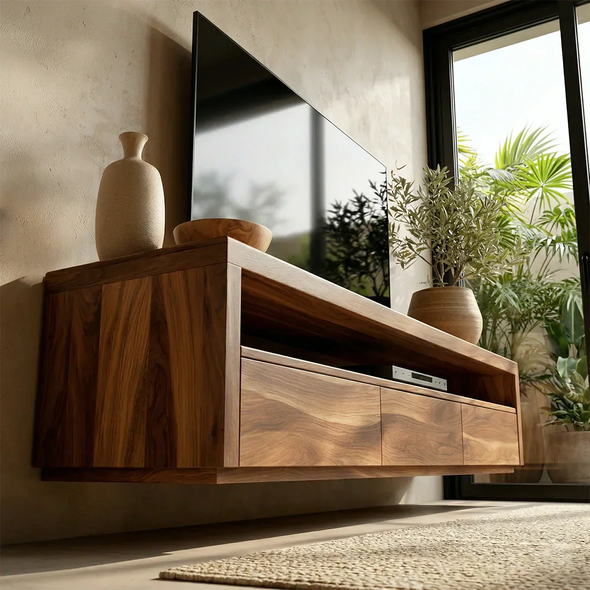 Handcrafted Floating Solid Wood TV Stand with Clean Lines and Hidden Storage Drawers - Rustiracraft