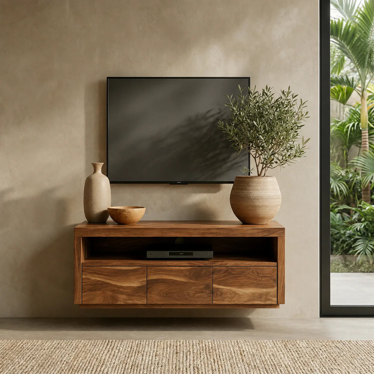 Handcrafted Floating Solid Wood TV Stand with Clean Lines and Hidden Storage Drawers - Rustiracraft