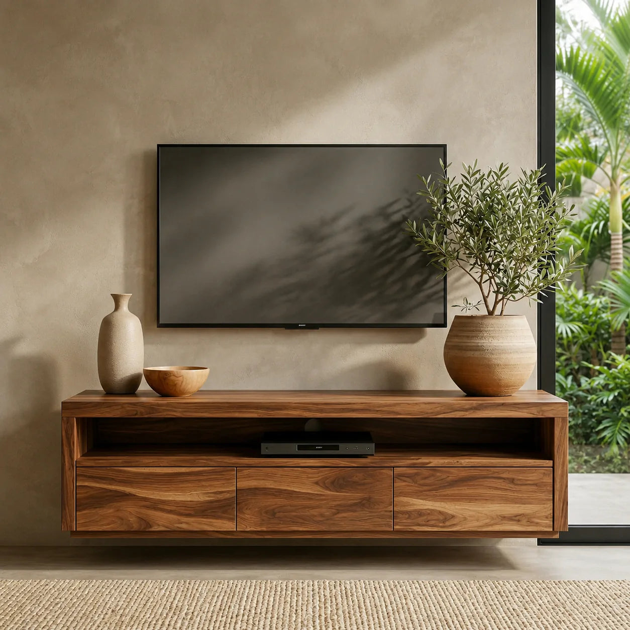 Handcrafted Floating Solid Wood TV Stand with Clean Lines and Hidden Storage Drawers - Rustiracraft