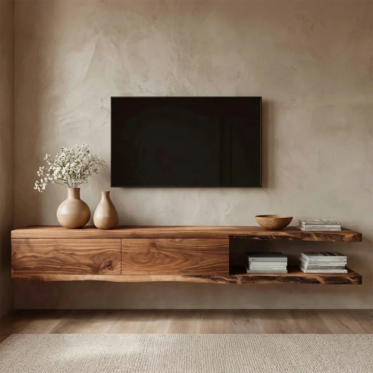 Handcrafted Floating Solid Wood TV Stand with Live Edge Shelves and Layered Storage - Rustiracraft