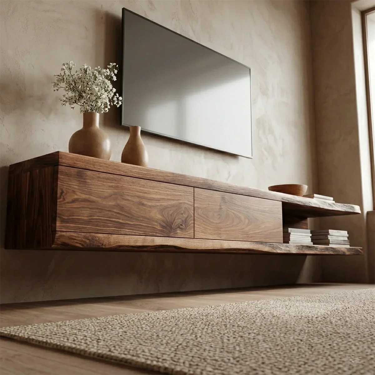 Handcrafted Floating Solid Wood TV Stand with Live Edge Shelves and Layered Storage - Rustiracraft