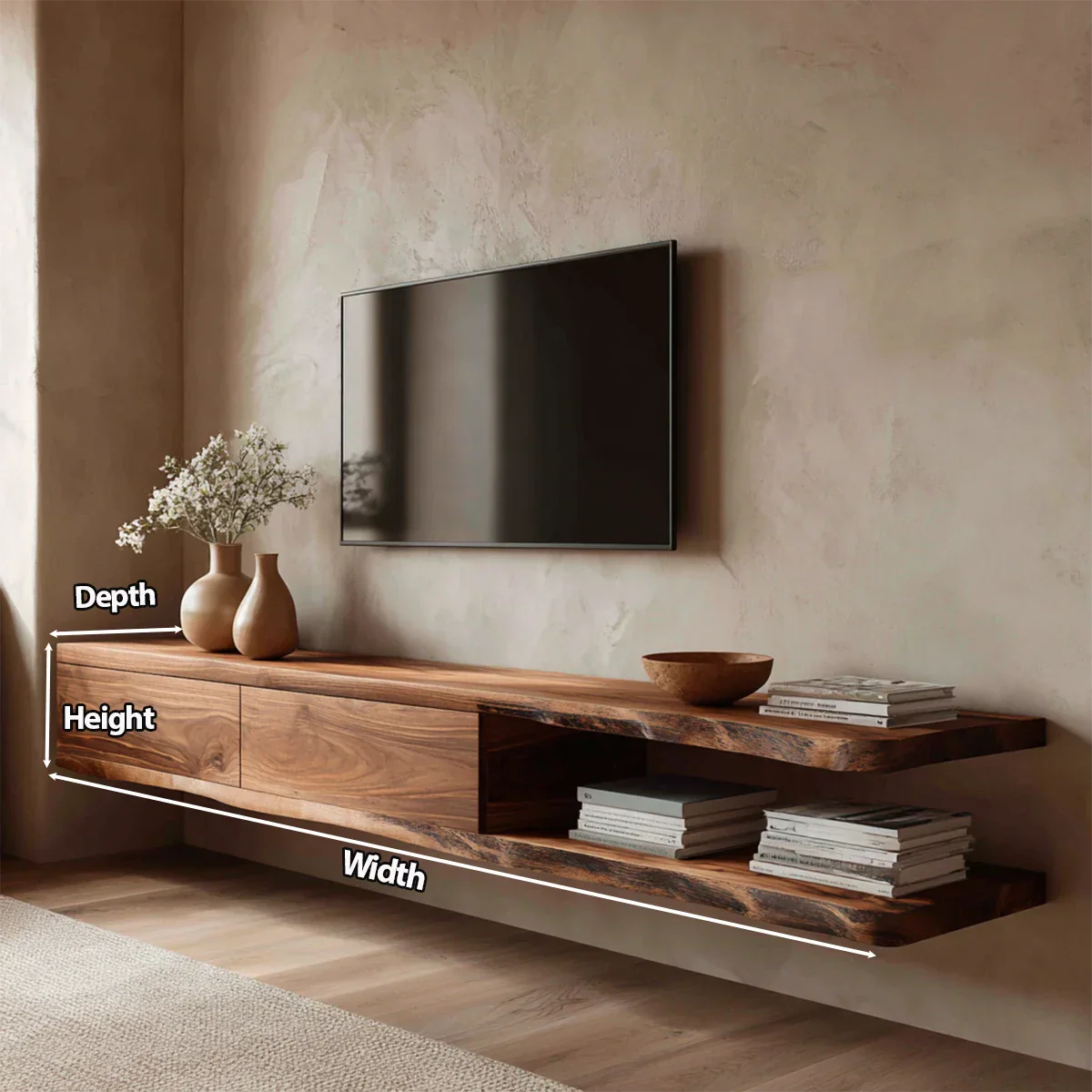 Handcrafted Floating Solid Wood TV Stand with Live Edge Shelves and Layered Storage - Rustiracraft
