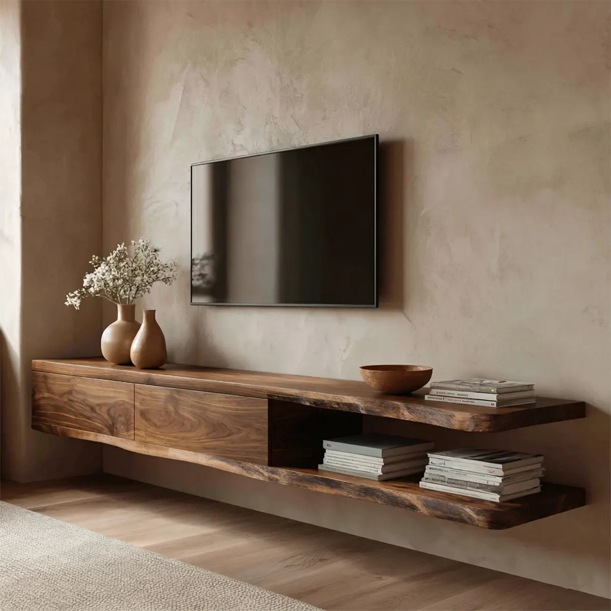 Handcrafted Floating Solid Wood TV Stand with Live Edge Shelves and Layered Storage - Rustiracraft
