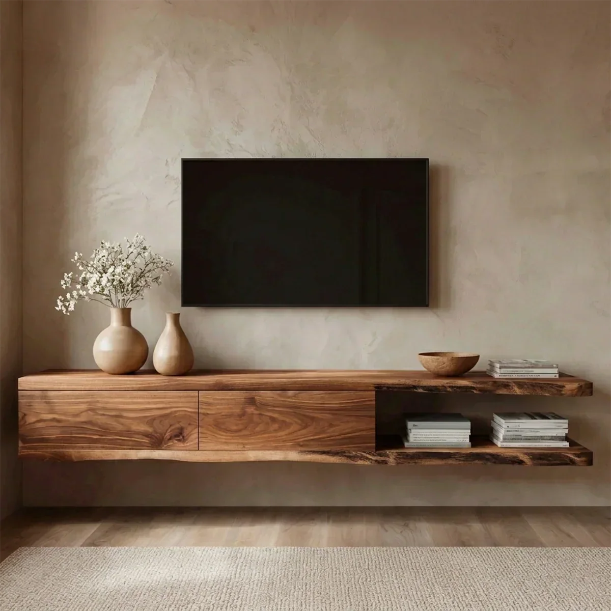 Handcrafted Floating Solid Wood TV Stand with Live Edge Shelves and Layered Storage - Rustiracraft