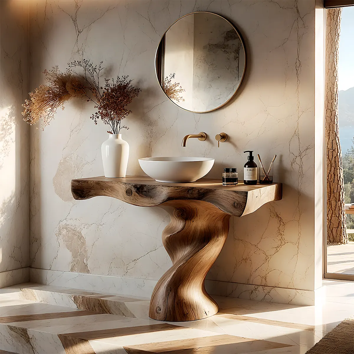 Handcrafted Live Edge Vanity with Sculpted Twisted Wood Base - Rustiracraft