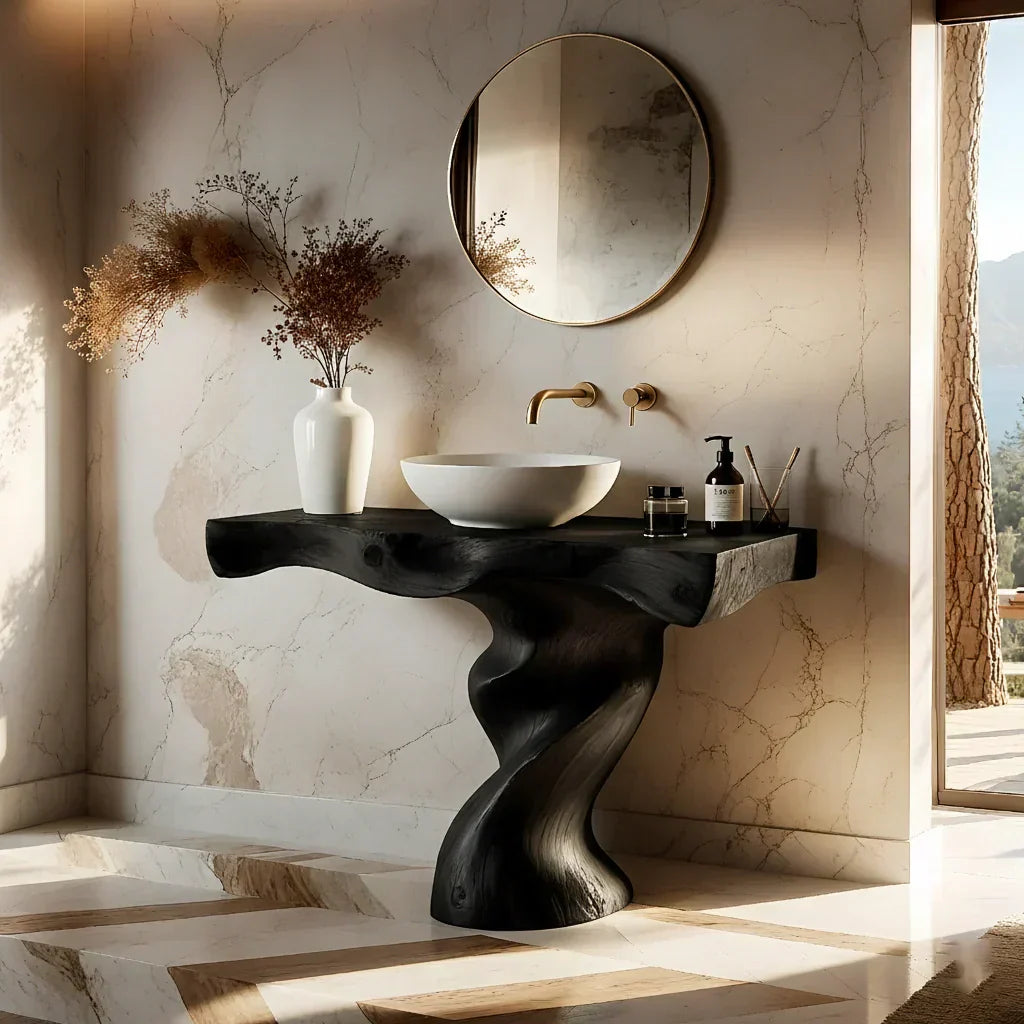 Handcrafted Live Edge Vanity with Sculpted Twisted Wood Base - Rustiracraft