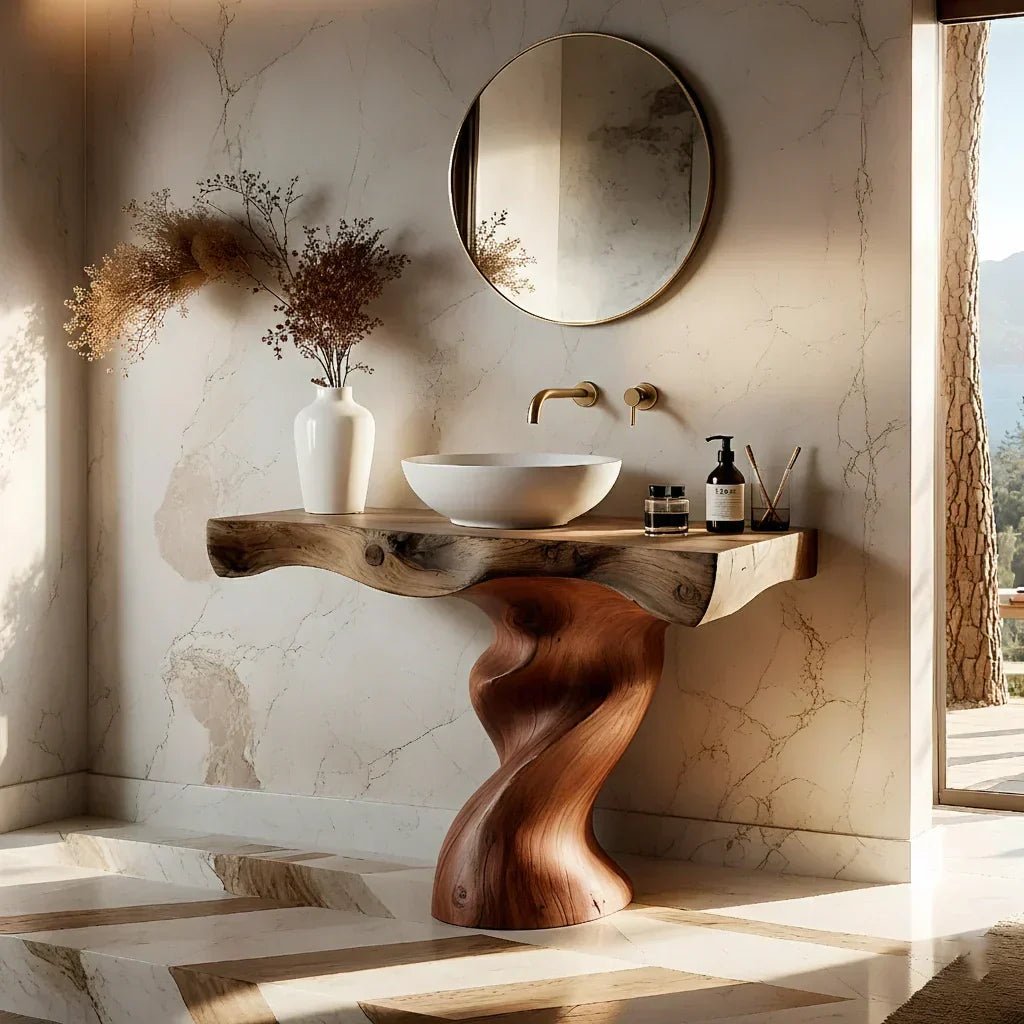 Handcrafted Live Edge Vanity with Sculpted Twisted Wood Base - Rustiracraft