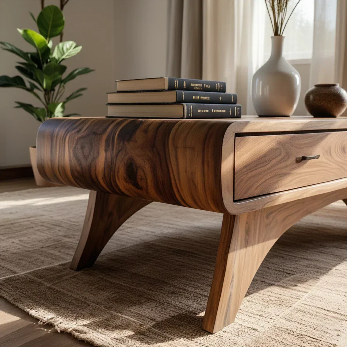 Handcrafted Mid-Century Natural Solid Wood Coffee Table with Storage - Rustiracraft