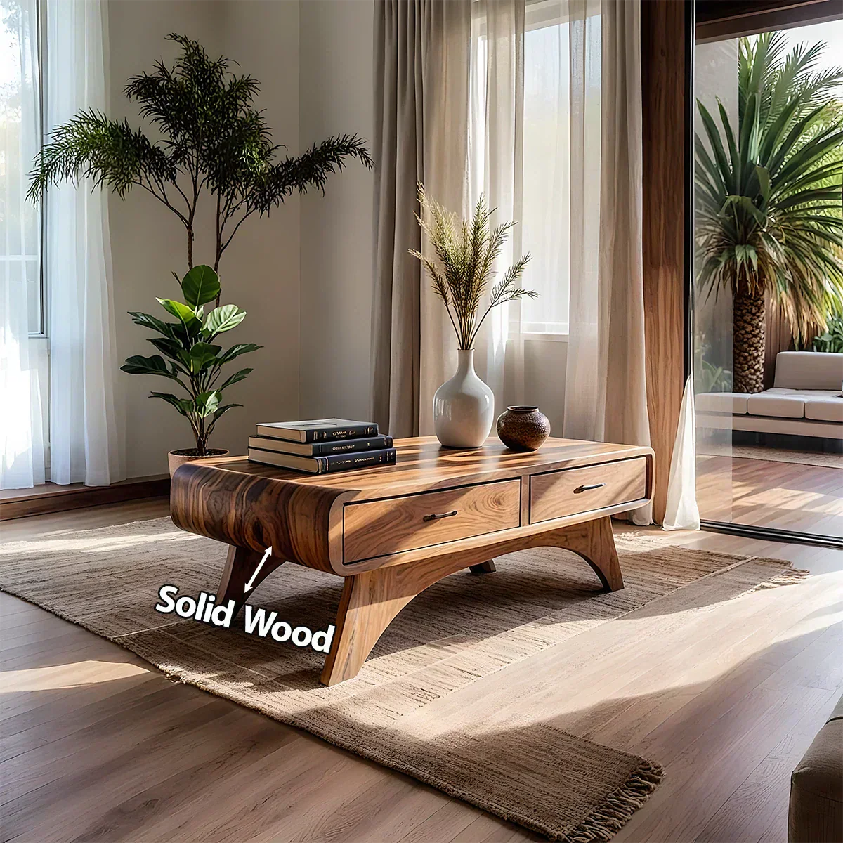 Handcrafted Mid-Century Natural Solid Wood Coffee Table with Storage - Rustiracraft