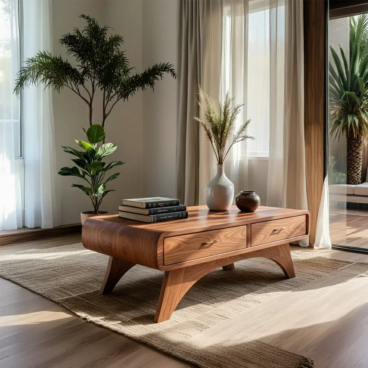 Handcrafted Mid-Century Natural Solid Wood Coffee Table with Storage - Rustiracraft