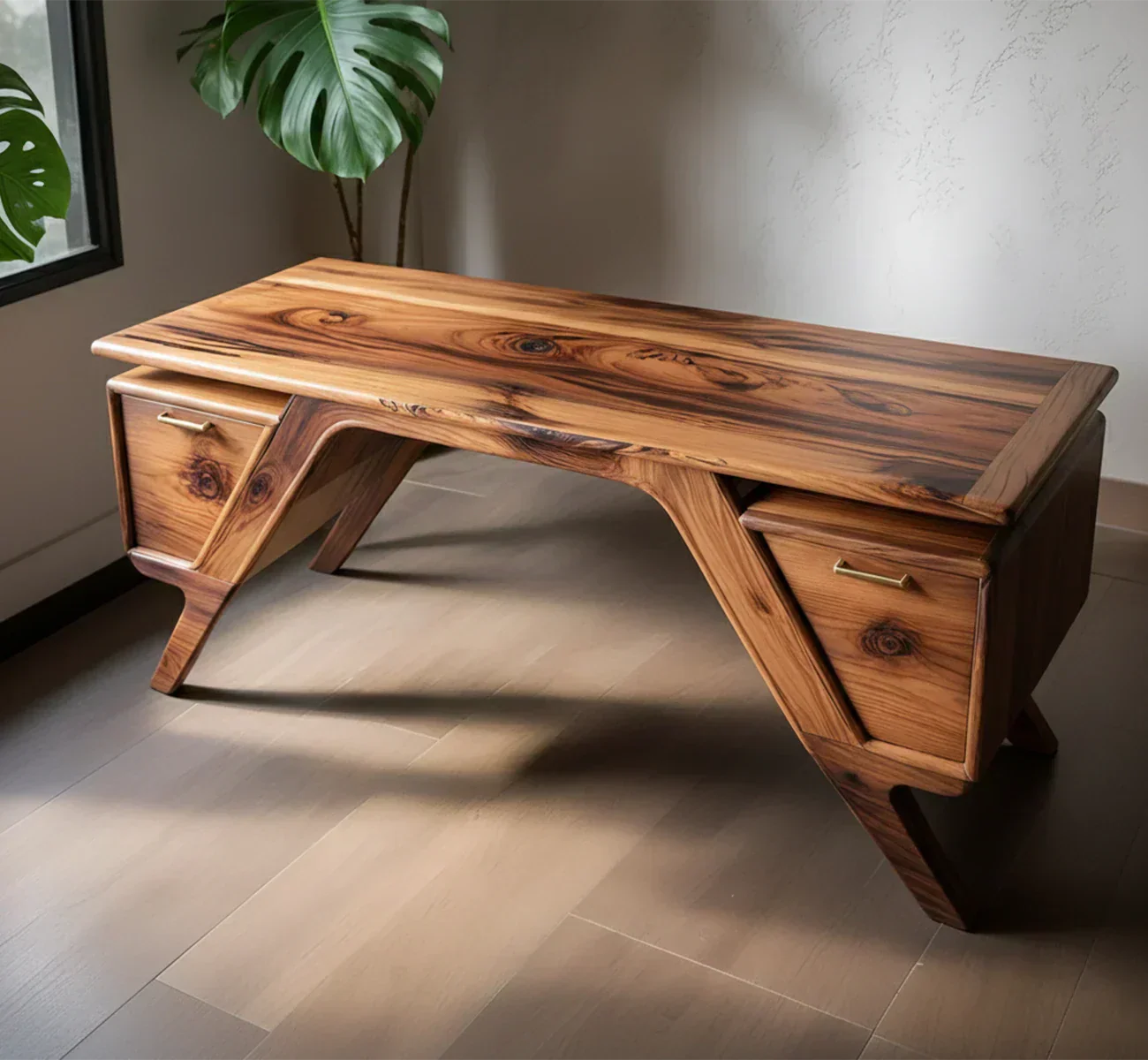 Handcrafted Natural Solid Wood Desk — Modern Angular Design - Rustiracraft