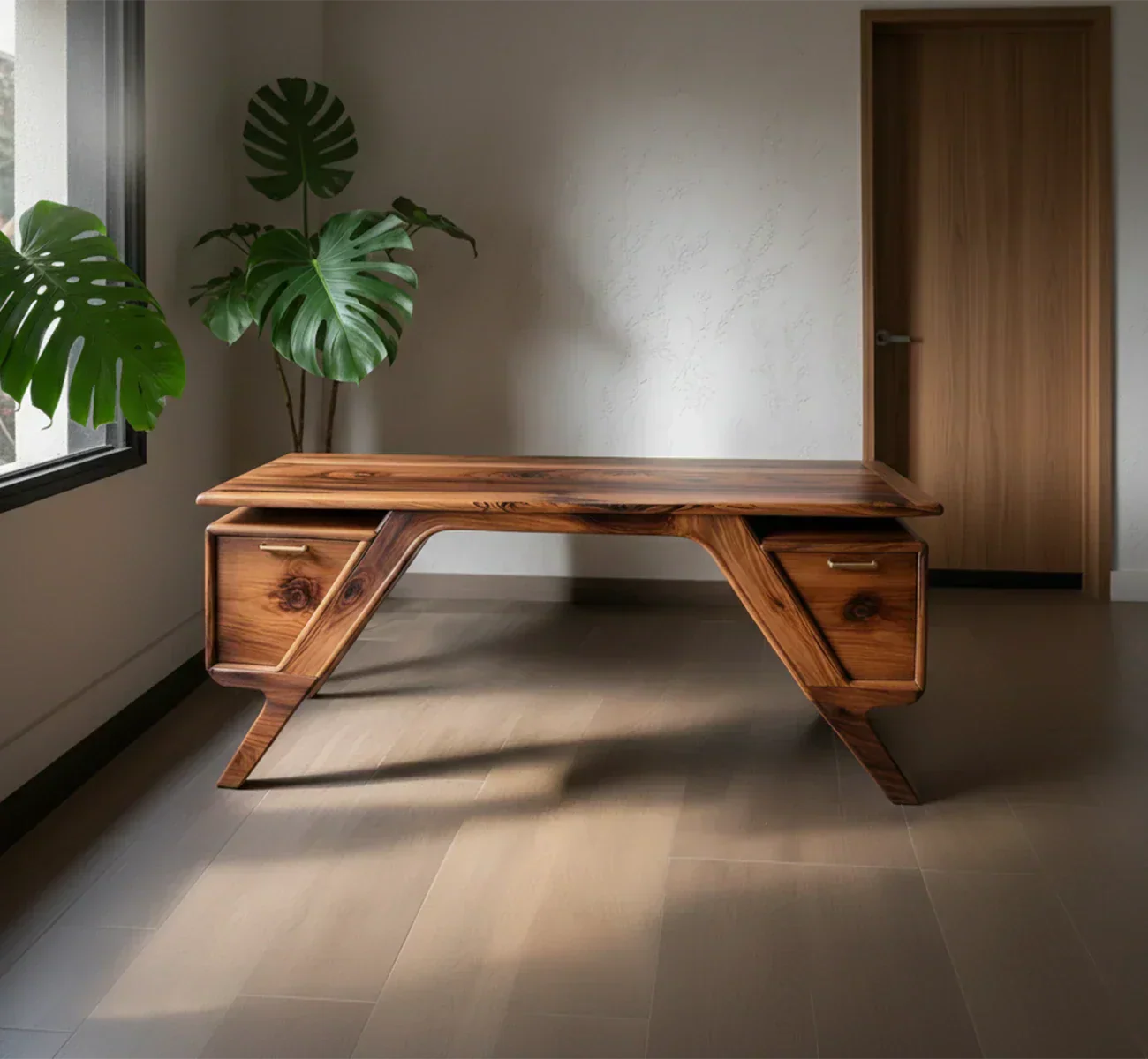Handcrafted Natural Solid Wood Desk — Modern Angular Design - Rustiracraft