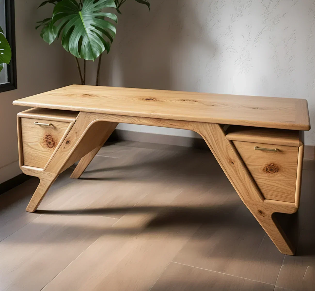 Handcrafted Natural Solid Wood Desk — Modern Angular Design - Rustiracraft