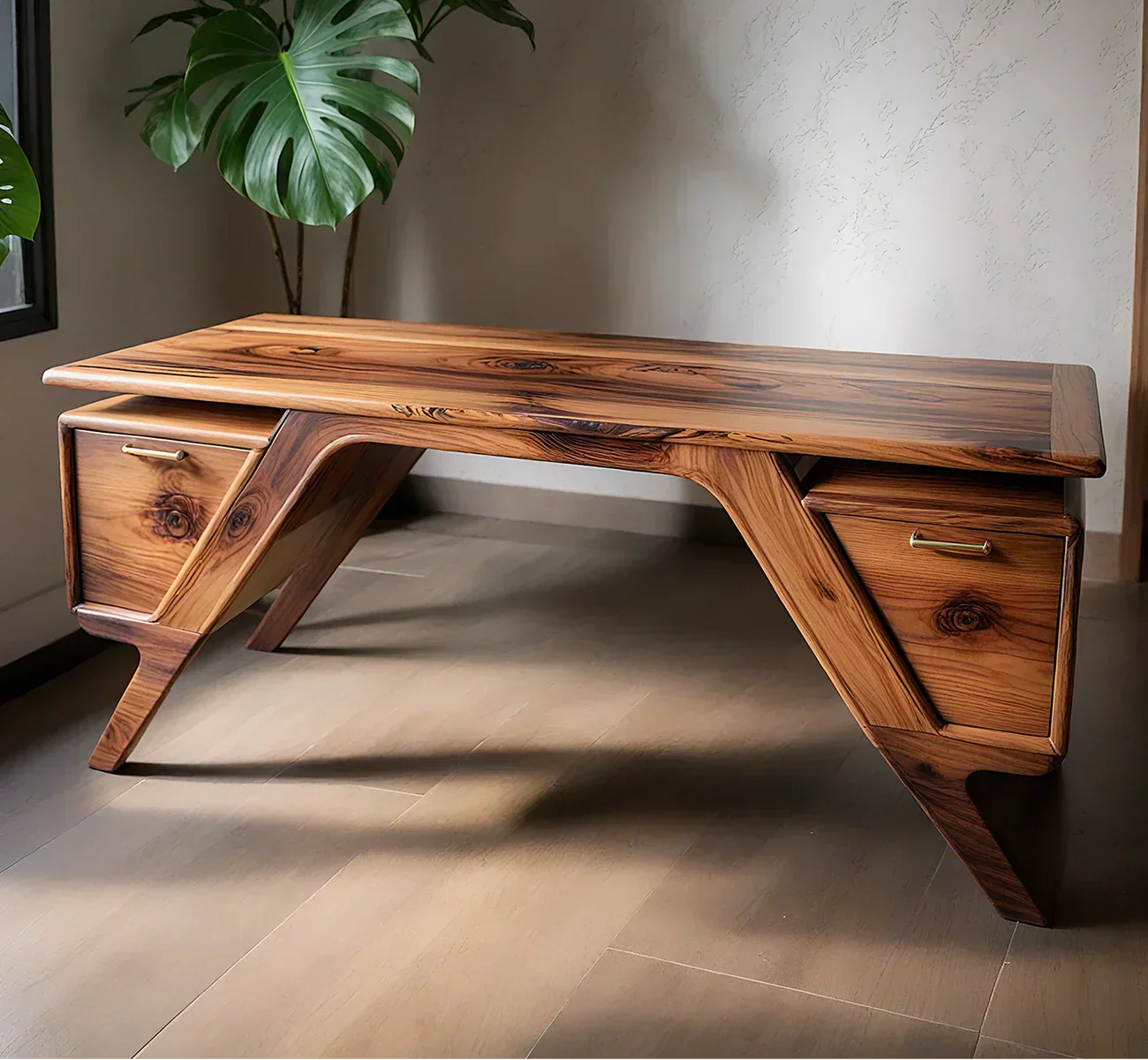 Handcrafted Natural Solid Wood Desk — Modern Angular Design - Rustiracraft