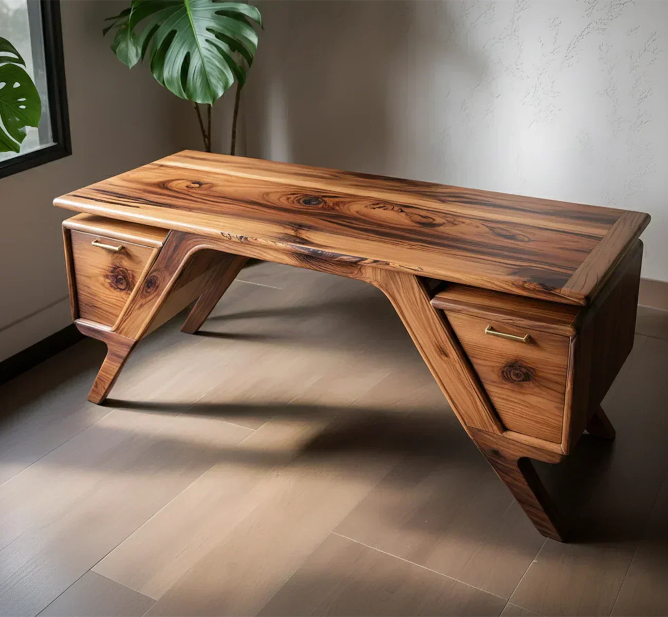 Handcrafted Natural Solid Wood Desk — Modern Angular Design - Rustiracraft