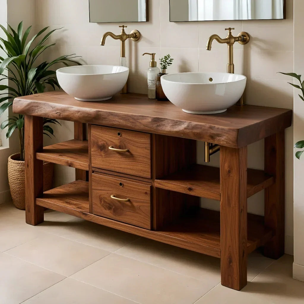 Handcrafted Natural Solid Wood Double-Sink Bathroom Vanity - Rustiracraft