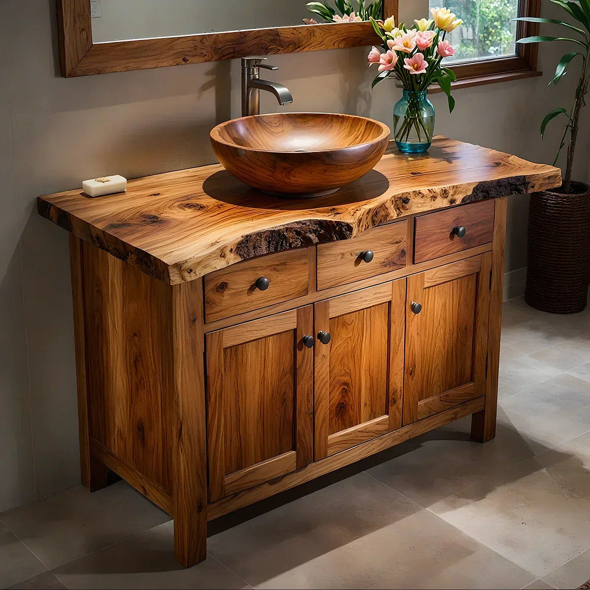 Handcrafted Natural Solid Wood Live-Edge Bathroom Vanity Cabinet - Rustiracraft