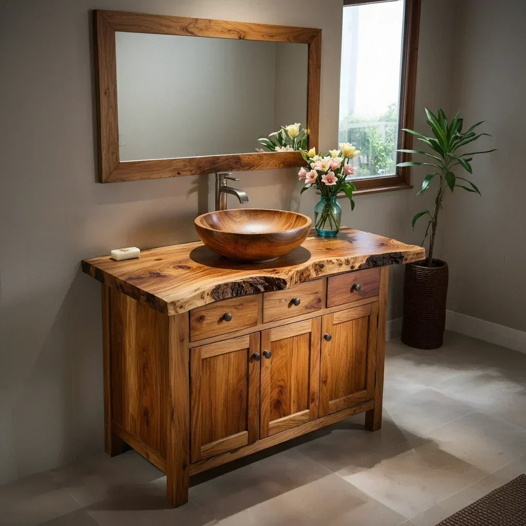 Handcrafted Natural Solid Wood Live-Edge Bathroom Vanity Cabinet - Rustiracraft