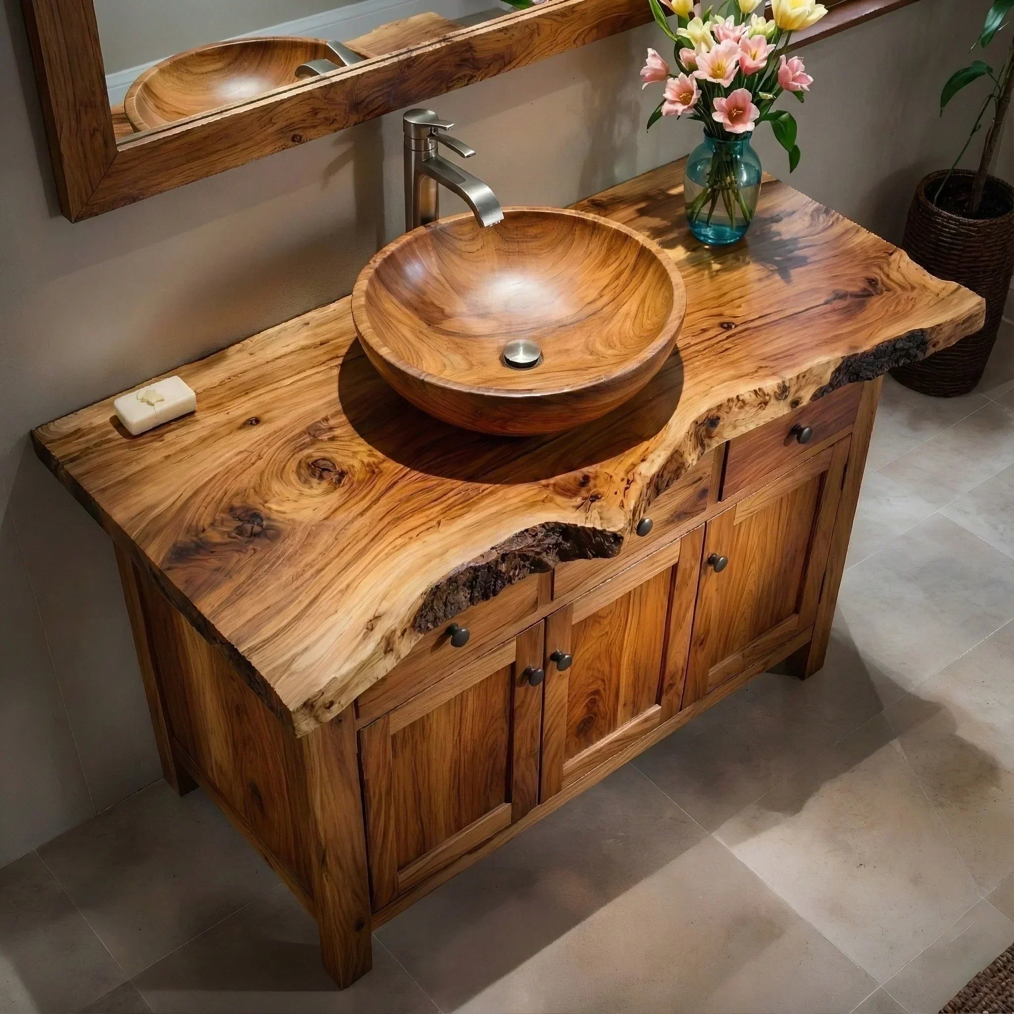 Handcrafted Natural Solid Wood Live-Edge Bathroom Vanity Cabinet - Rustiracraft