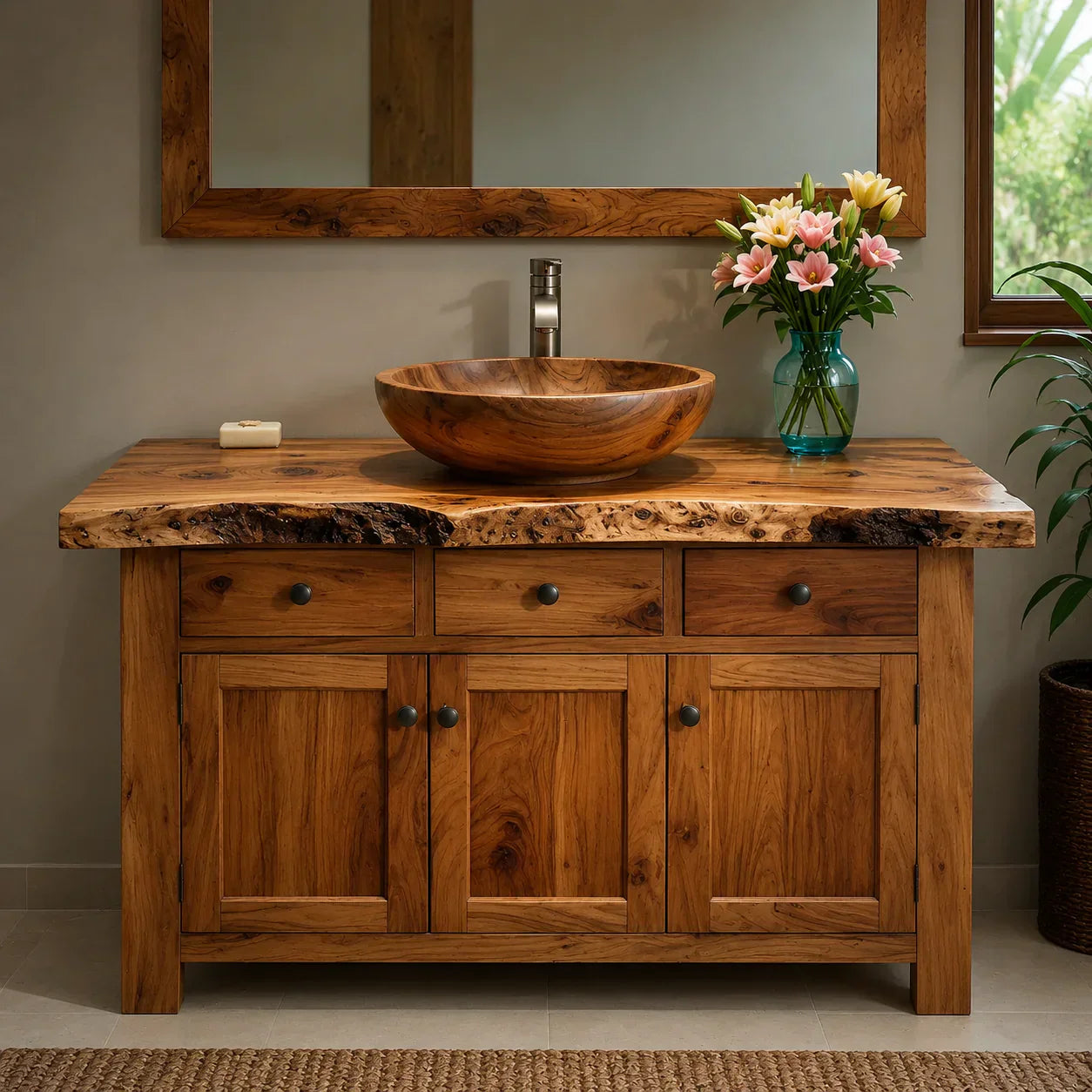 Handcrafted Natural Solid Wood Live-Edge Bathroom Vanity Cabinet - Rustiracraft