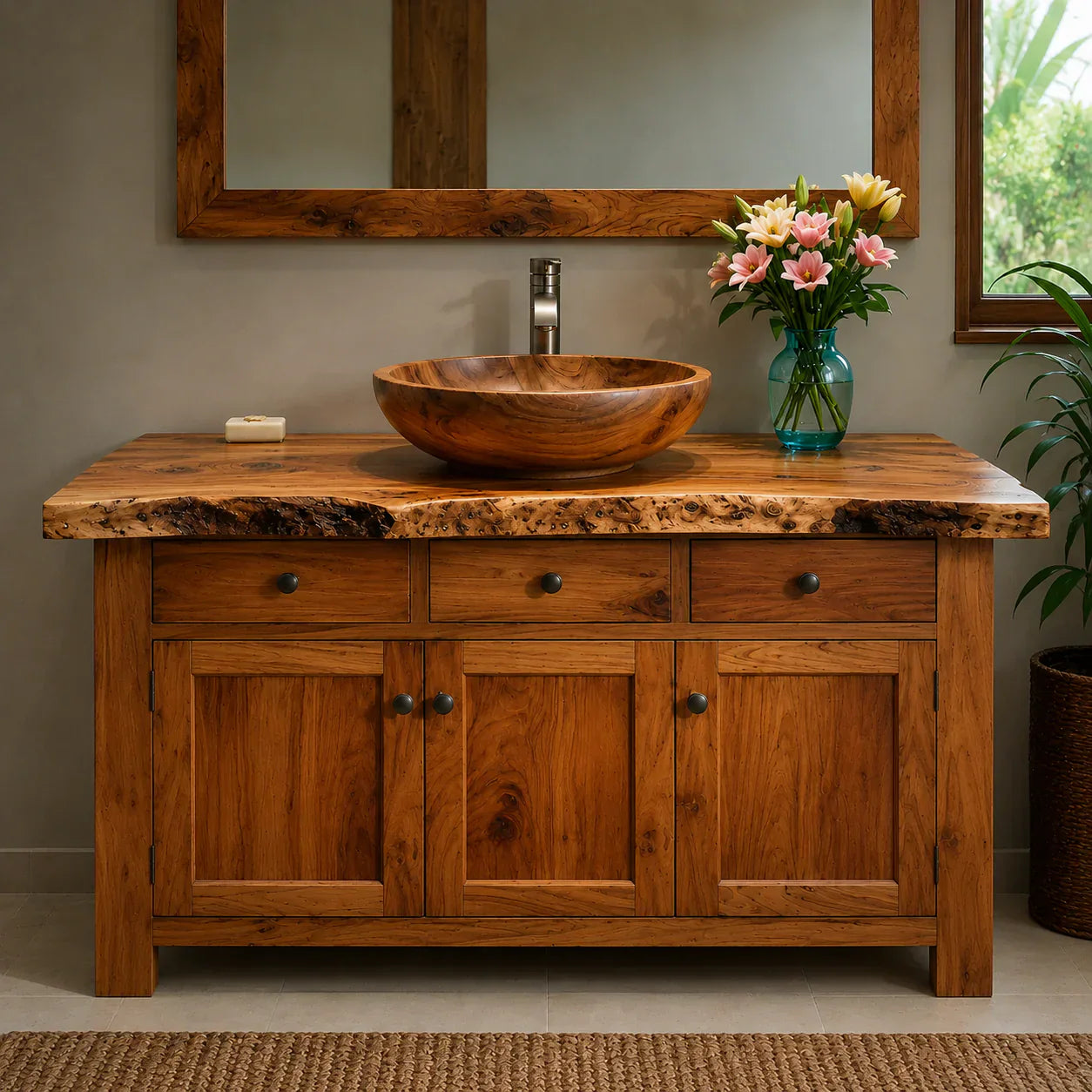 Handcrafted Natural Solid Wood Live-Edge Bathroom Vanity Cabinet - Rustiracraft