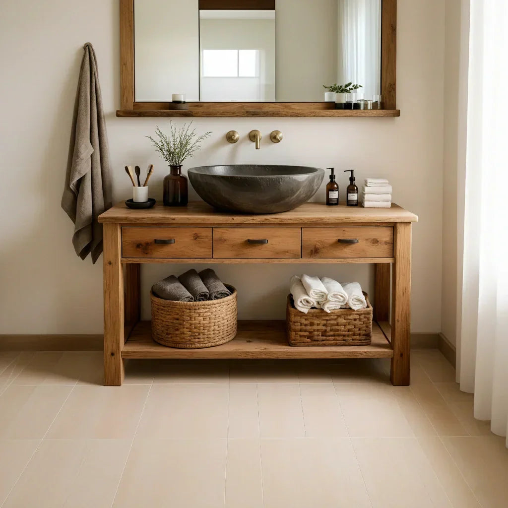Handcrafted Natural Solid Wood Open-Shelf Bathroom Vanity - Rustiracraft