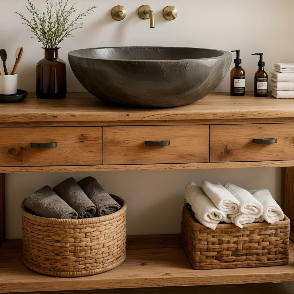 Handcrafted Natural Solid Wood Open-Shelf Bathroom Vanity - Rustiracraft