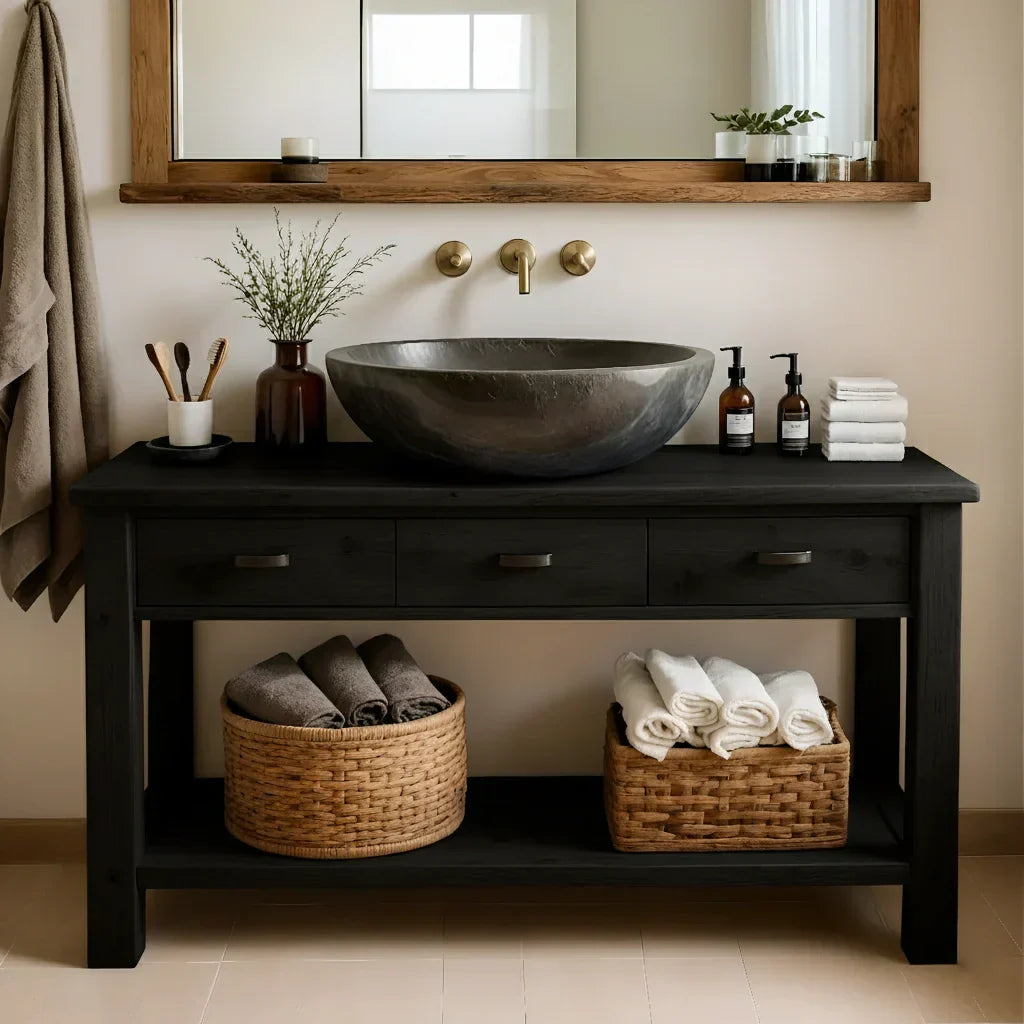 Handcrafted Natural Solid Wood Open-Shelf Bathroom Vanity - Rustiracraft