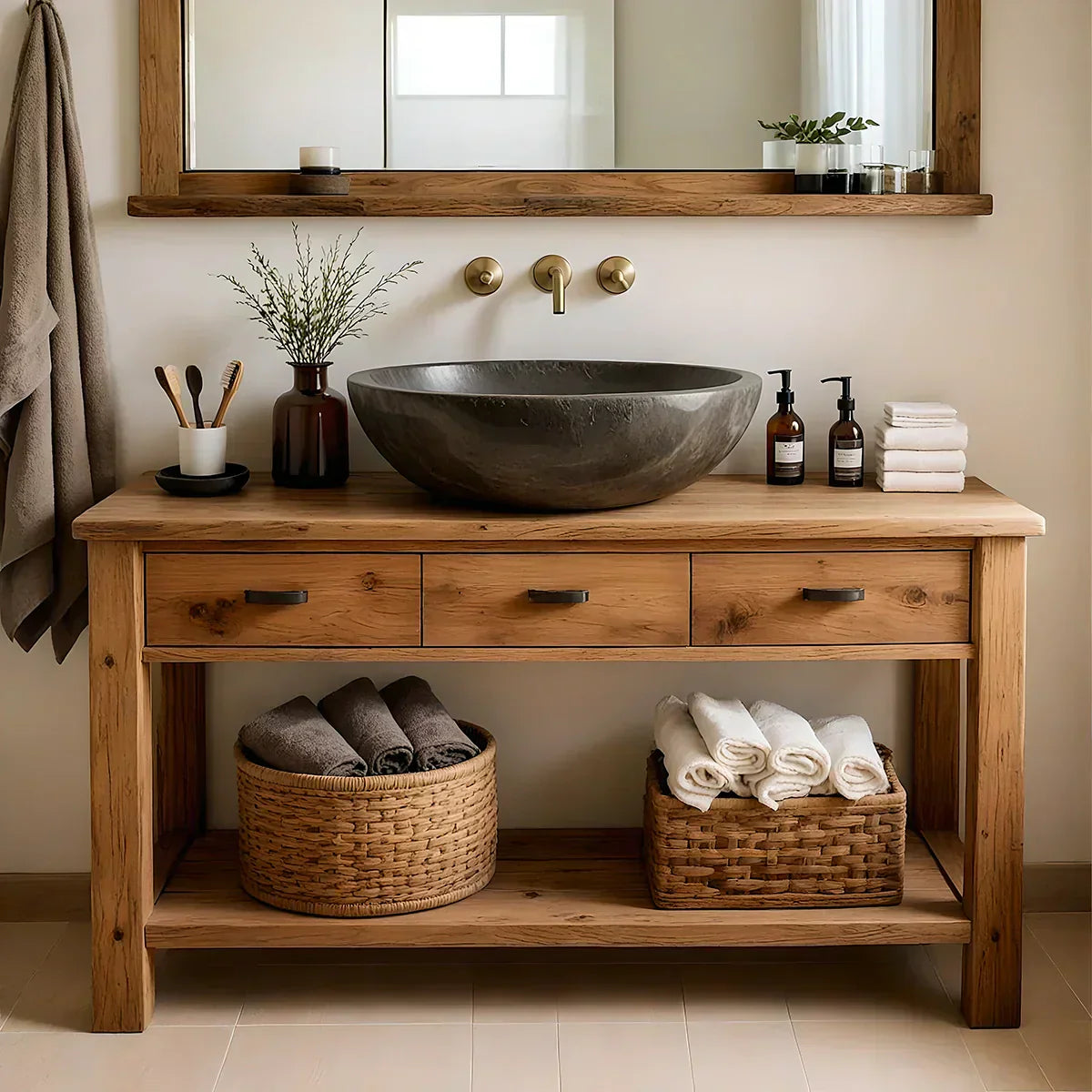 Handcrafted Natural Solid Wood Open-Shelf Bathroom Vanity - Rustiracraft