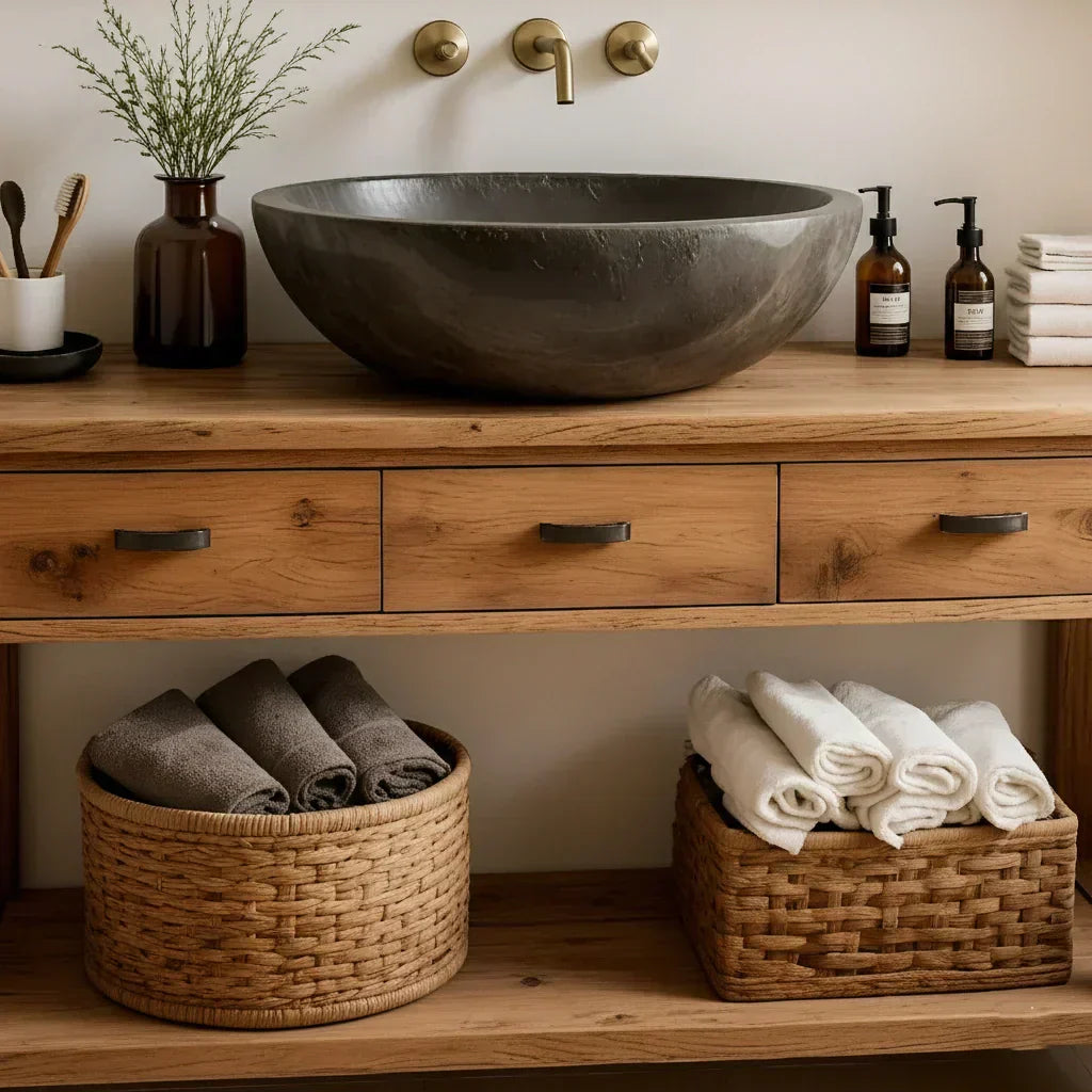 Handcrafted Natural Solid Wood Open-Shelf Bathroom Vanity - Rustiracraft