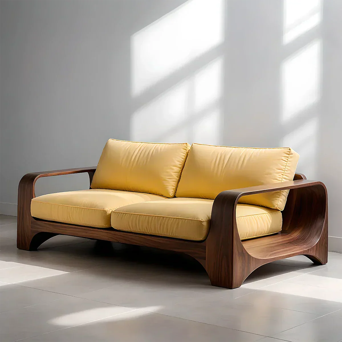 Handcrafted Natural Solid Wood Sofa – Rustic Curved Frame – Cotton Cushion Seating - Rustiracraft