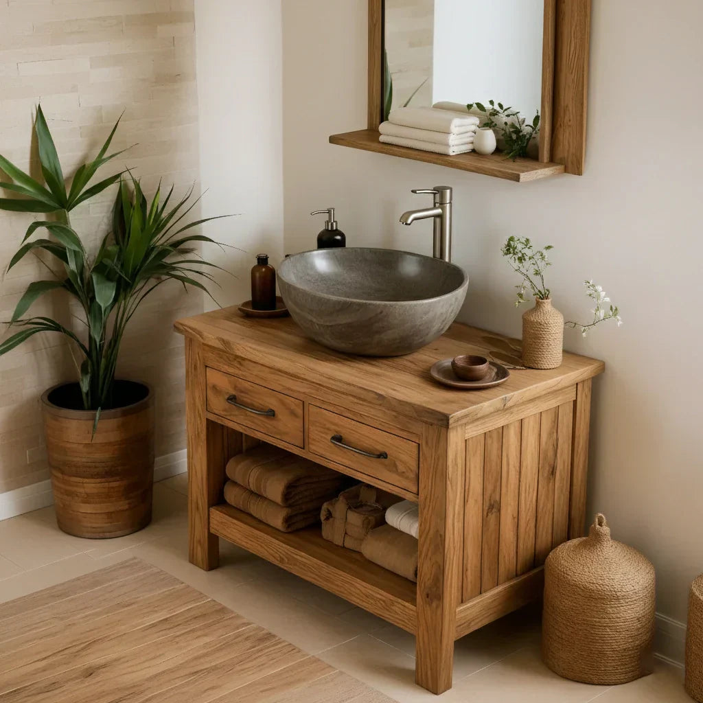 Handcrafted Natural Wood Bathroom Vanity with Drawers & Open Shelf - Rustiracraft