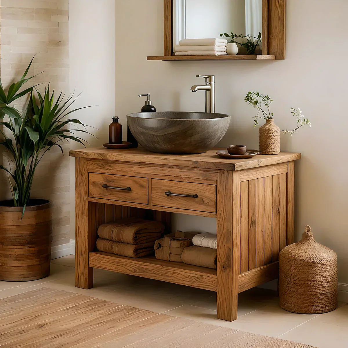 Handcrafted Natural Wood Bathroom Vanity with Drawers & Open Shelf - Rustiracraft