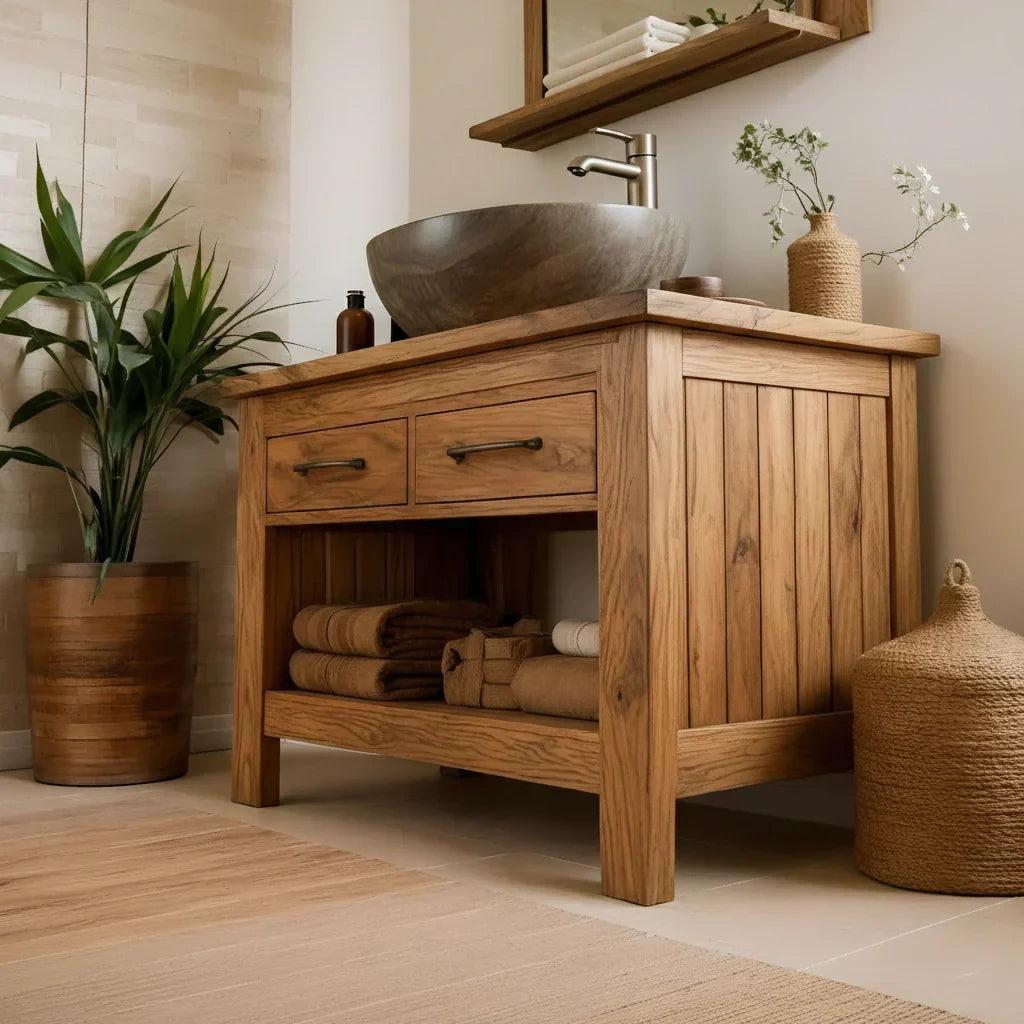 Handcrafted Natural Wood Bathroom Vanity with Drawers & Open Shelf - Rustiracraft