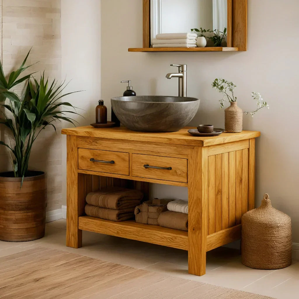 Handcrafted Natural Wood Bathroom Vanity with Drawers & Open Shelf - Rustiracraft