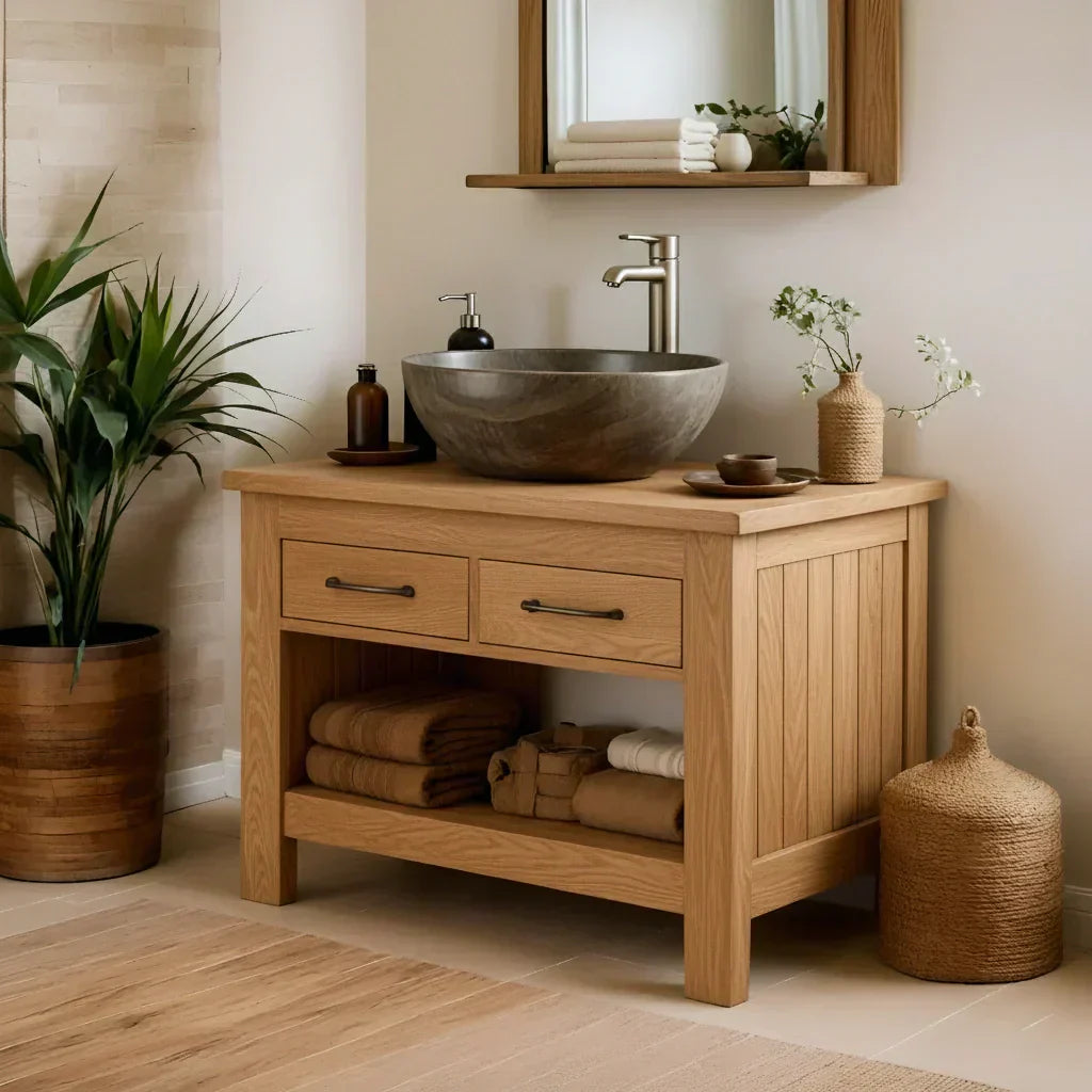 Handcrafted Natural Wood Bathroom Vanity with Drawers & Open Shelf - Rustiracraft