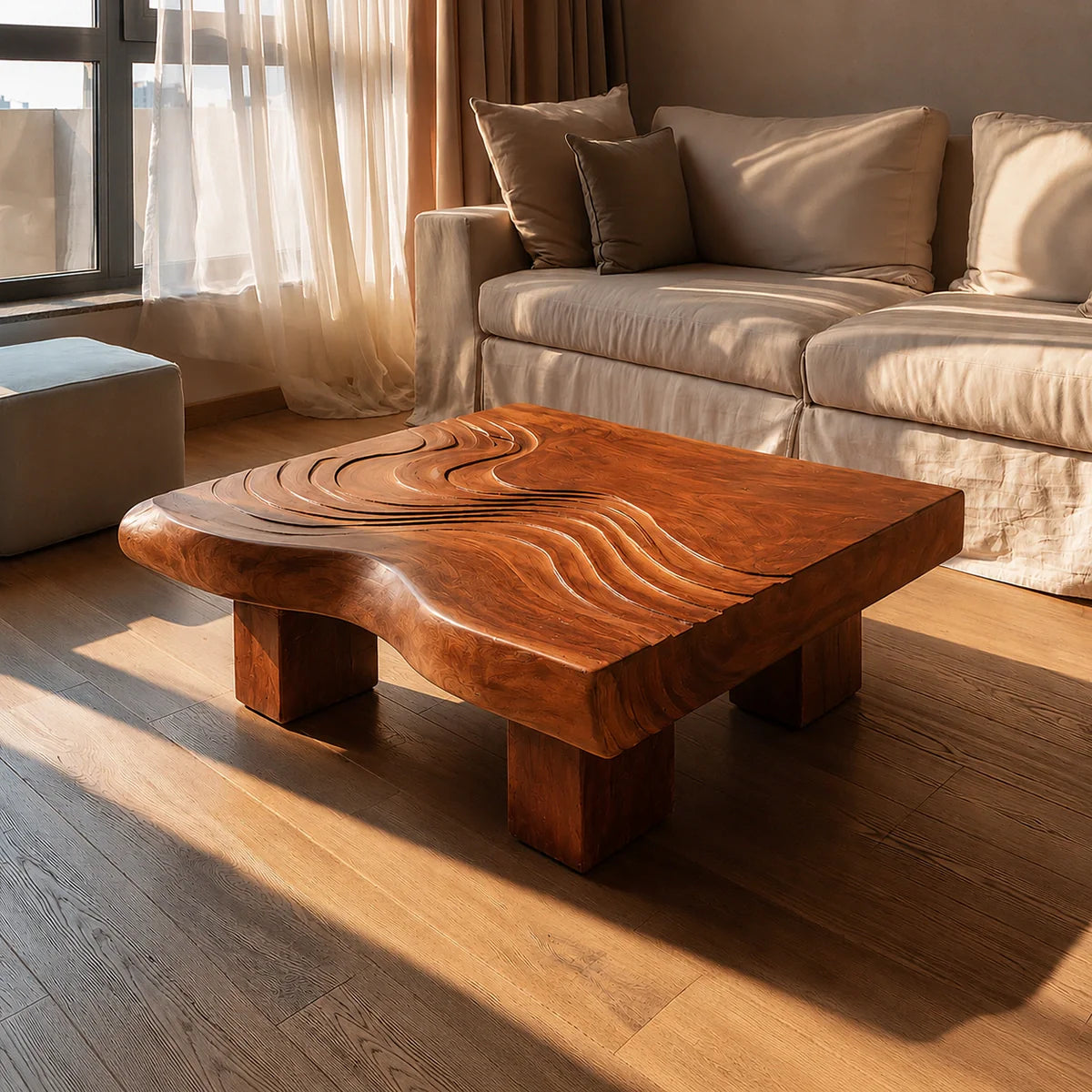 Handcrafted Solid Walnut Coffee Table | Sculpted Wood Grain Modern Square Coffee Table - Rustiracraft