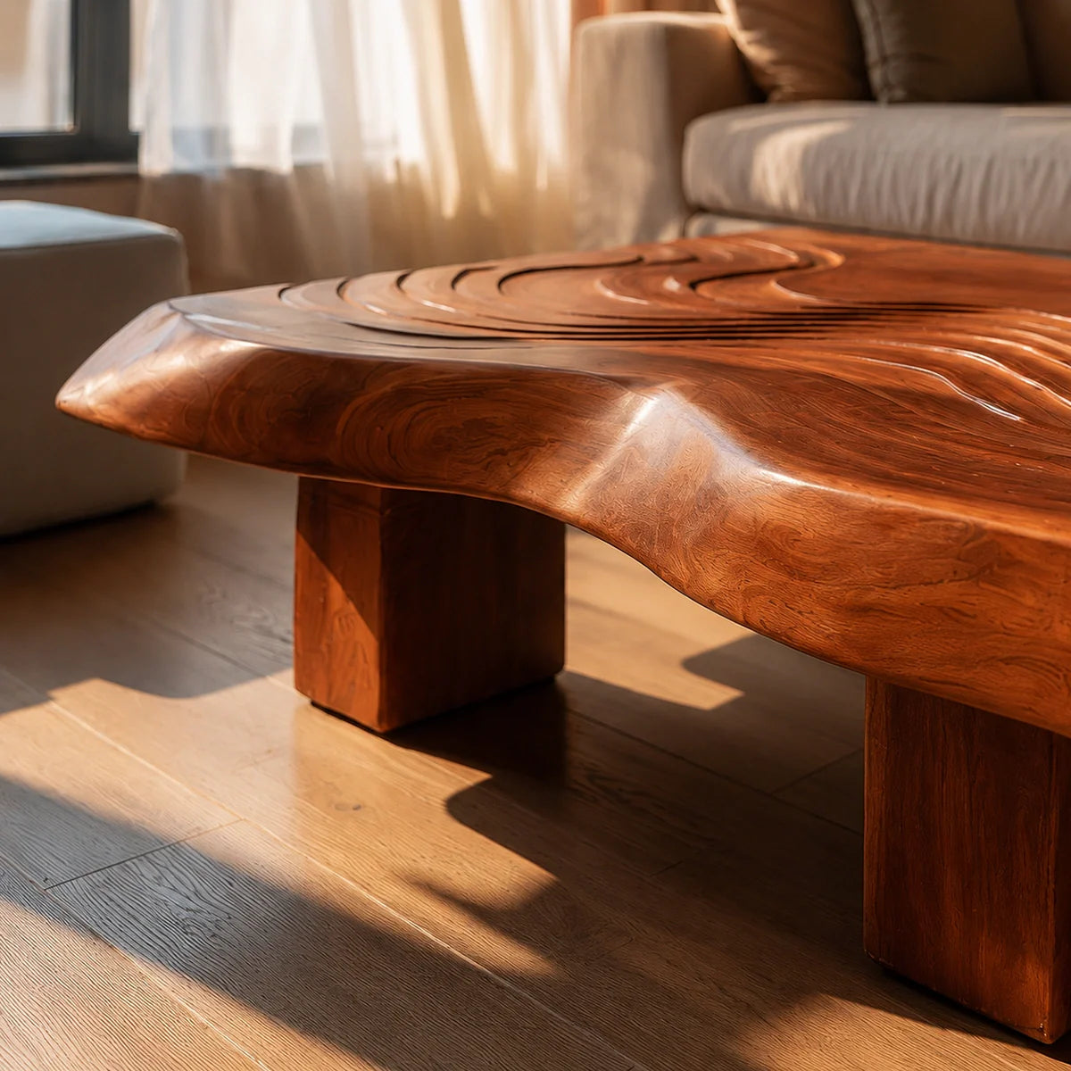 Handcrafted Solid Walnut Coffee Table | Sculpted Wood Grain Modern Square Coffee Table - Rustiracraft