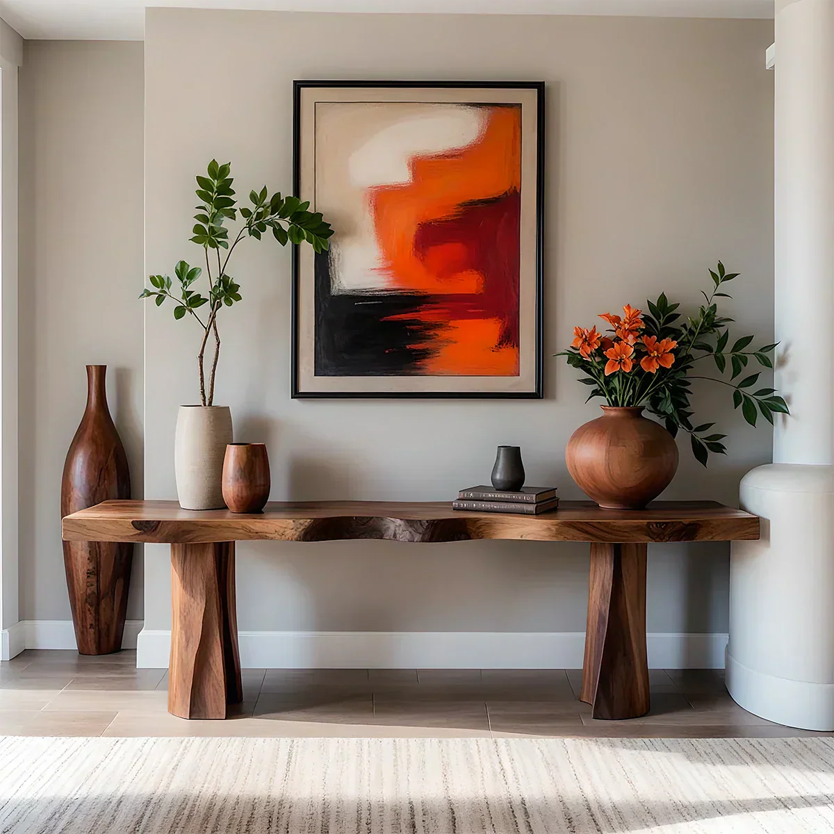 Handcrafted Solid Wood Console Table with Sculpted Block Legs - Rustiracraft