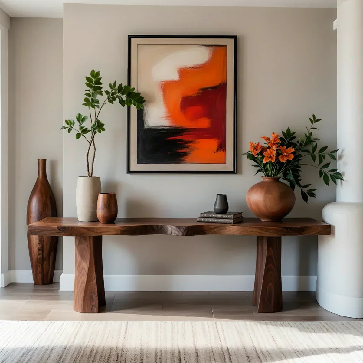 Handcrafted Solid Wood Console Table with Sculpted Block Legs - Rustiracraft