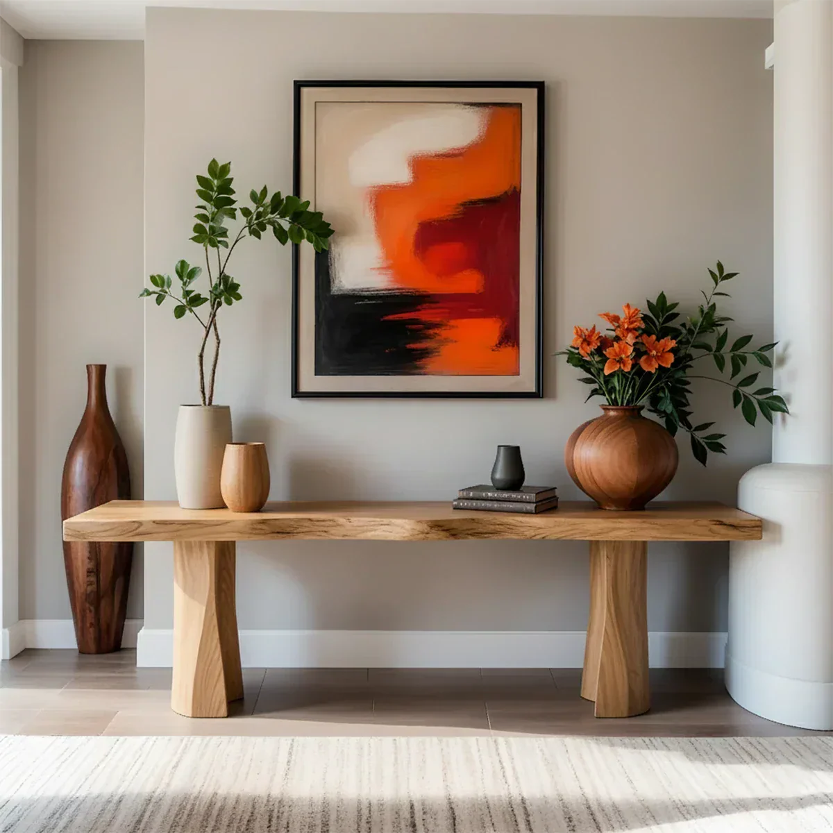 Handcrafted Solid Wood Console Table with Sculpted Block Legs - Rustiracraft