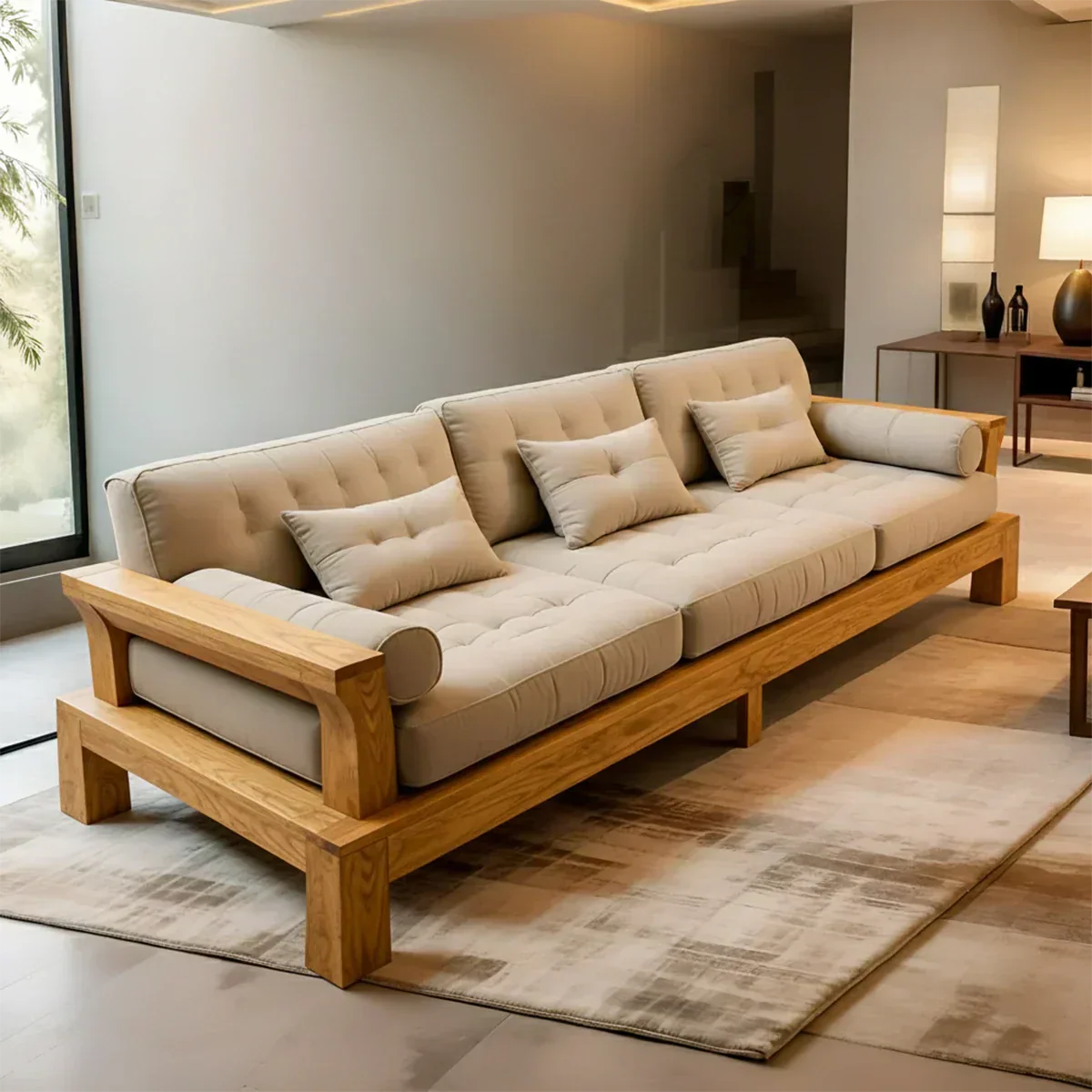 Handcrafted Solid Wood Cotton Sofa – Minimalist Rustic Modern Style - Rustiracraft
