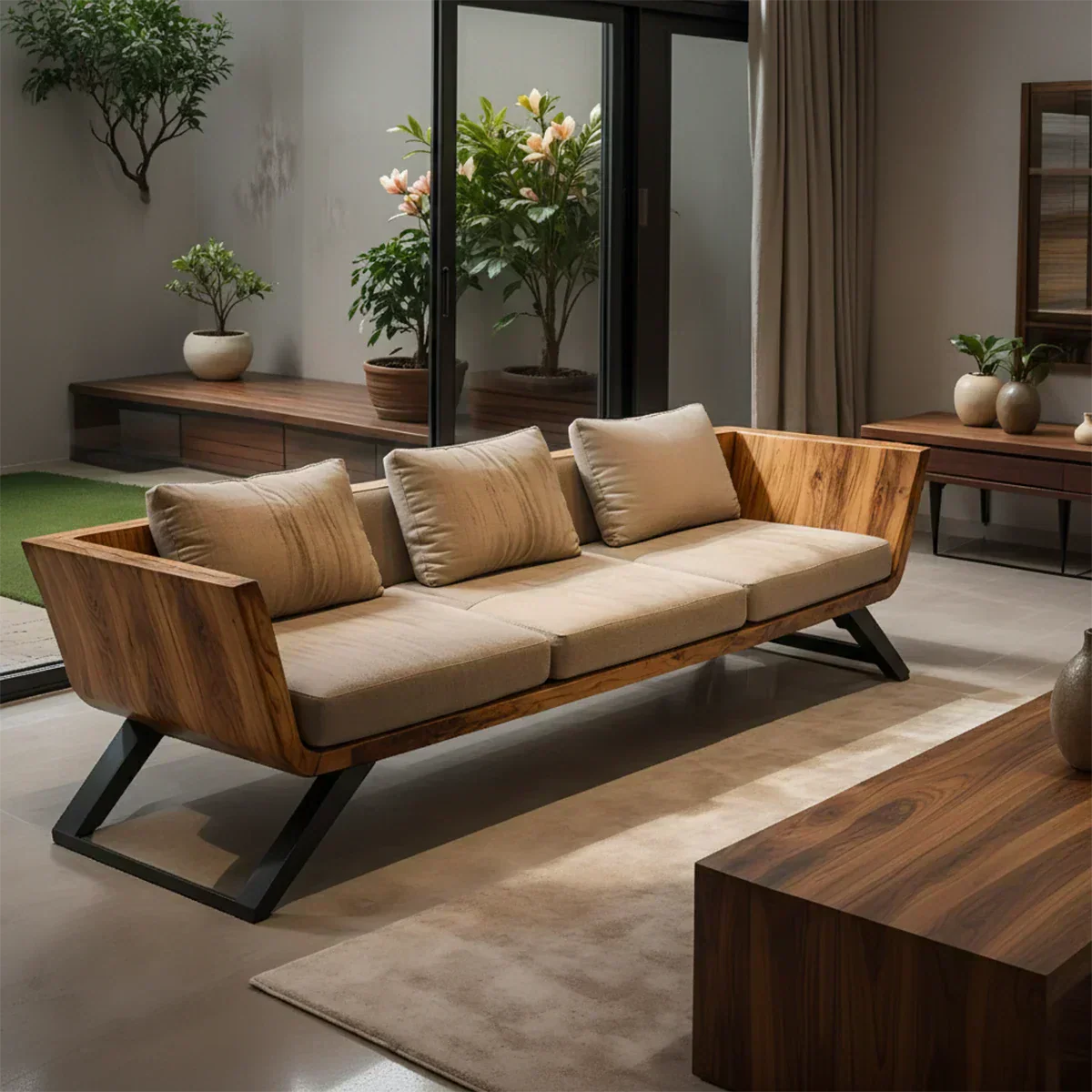 Handcrafted Solid Wood Cotton Sofa – Modern Minimalist Comfort - Rustiracraft
