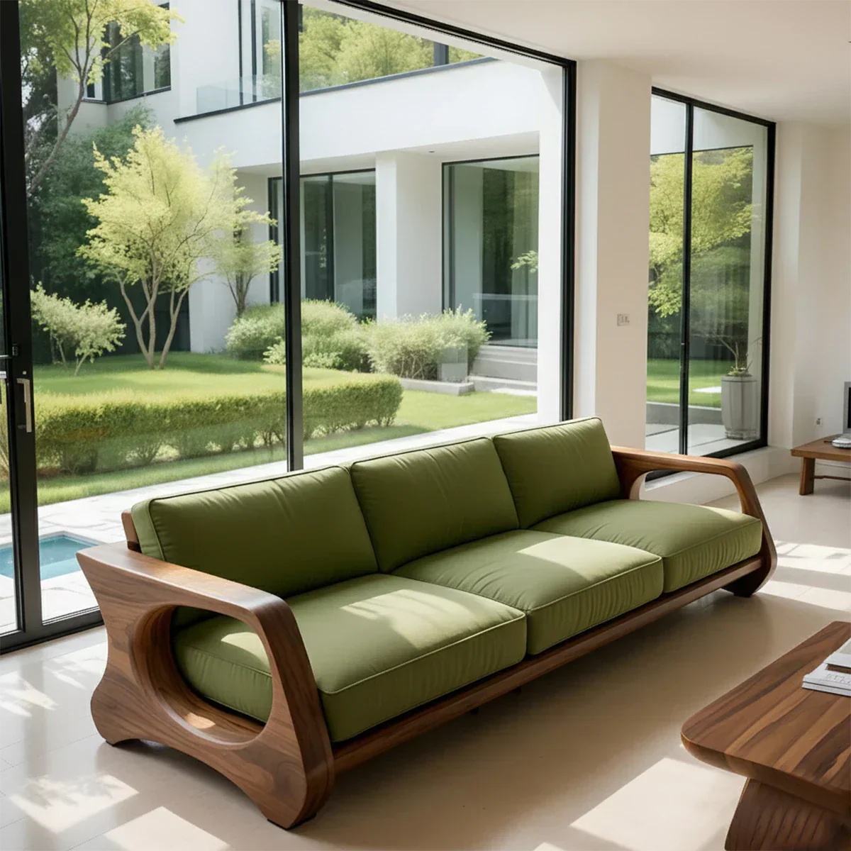 Handcrafted Solid Wood Cotton Sofa – Rustic Green Modern Design - Rustiracraft