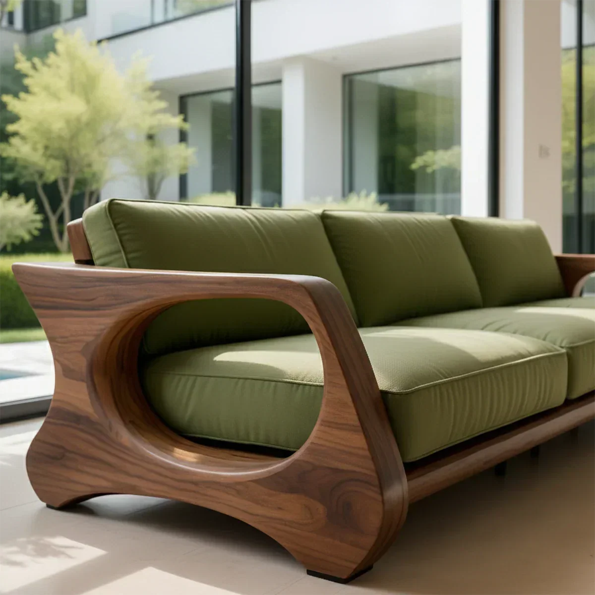 Handcrafted Solid Wood Cotton Sofa – Rustic Green Modern Design - Rustiracraft
