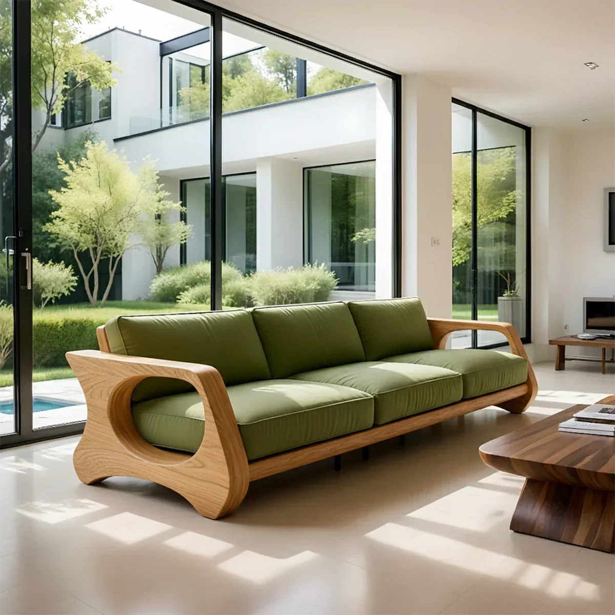 Handcrafted Solid Wood Cotton Sofa – Rustic Green Modern Design - Rustiracraft
