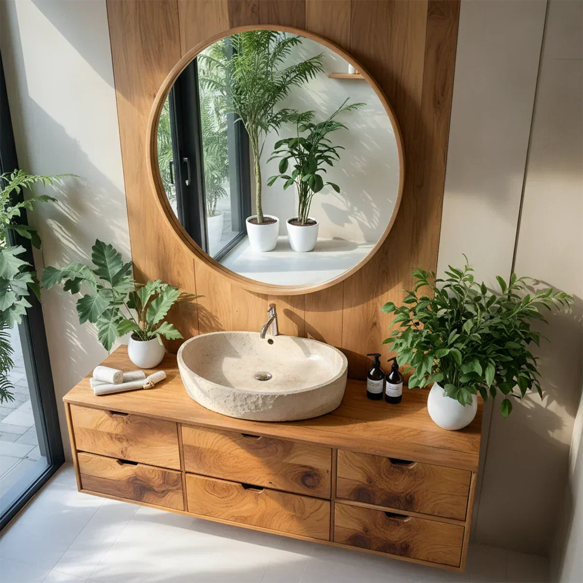 Handcrafted Solid Wood Floating Vanity with Stone Basin - Rustiracraft
