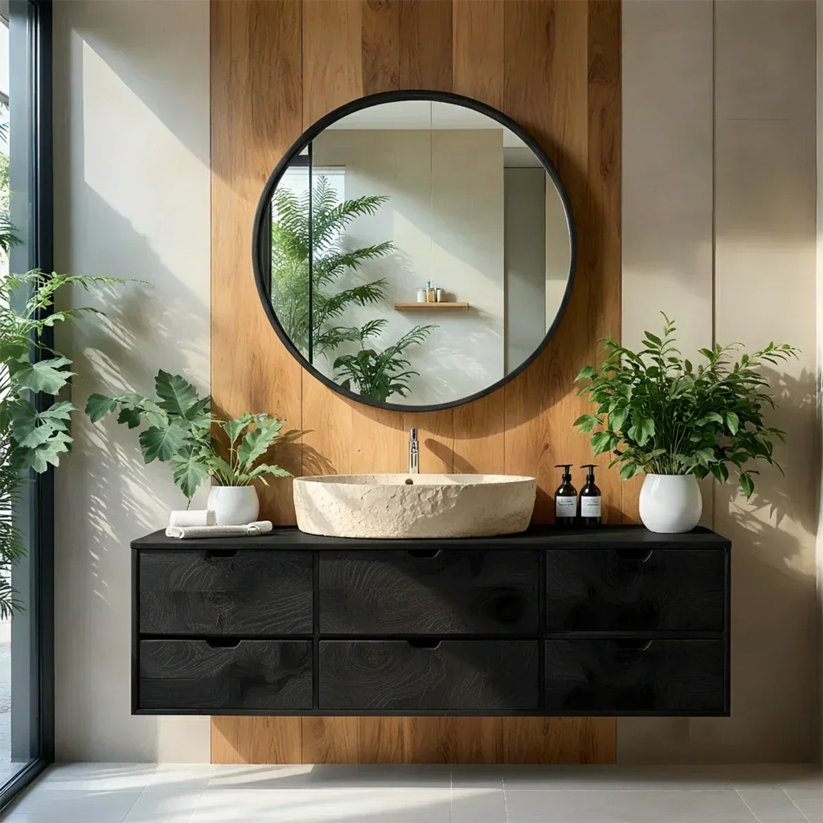 Handcrafted Solid Wood Floating Vanity with Stone Basin - Rustiracraft