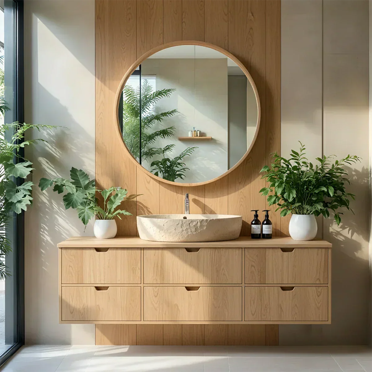 Handcrafted Solid Wood Floating Vanity with Stone Basin - Rustiracraft