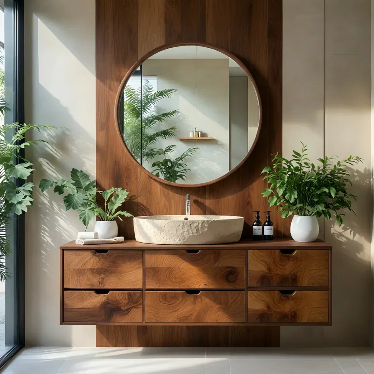 Handcrafted Solid Wood Floating Vanity with Stone Basin - Rustiracraft